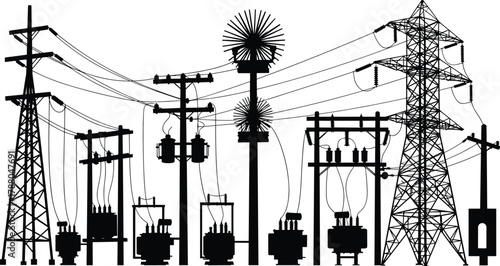 Silhouette vector illustration of electrical power distribution system with utility poles, transformers, transmission towers, wires, insulators, voltage grid, infrastructure network