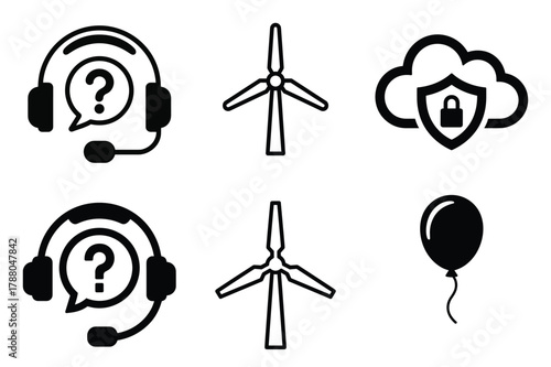 Essential icon set: customer support, green energy, cloud security, celebration