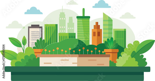 Realistic vector icon of rooftop garden with green plants and city skyline.