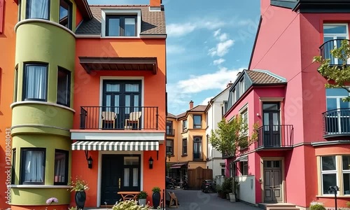 Colorful townhouses with unique architectural designs and vibrant facades create a charming and inviting neighborhood street view on a sunny day