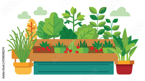 Recycled container garden with herbs and vegetables, white background.