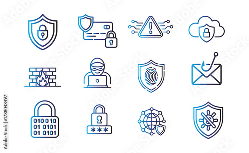 Cybersecurity gradient Outline Icon Set — stock vector containing of Shield, Lock, Firewall, Hacker, Cloud, Email Protection