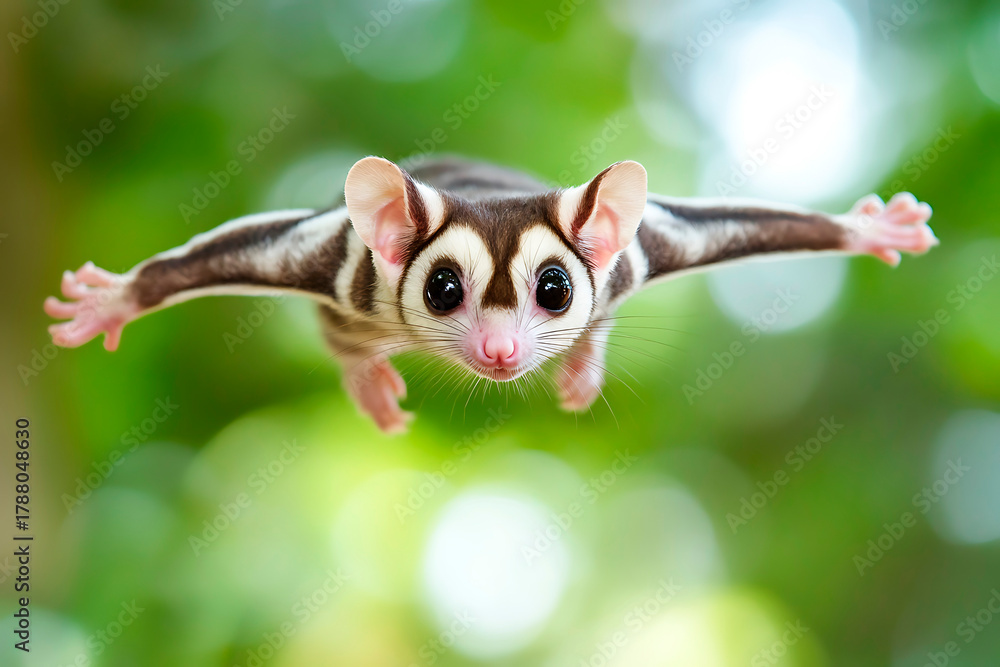 Obraz premium Sugar glider enjoying movement, extending its patagium, soaring with a gentle expression against a blurred green background