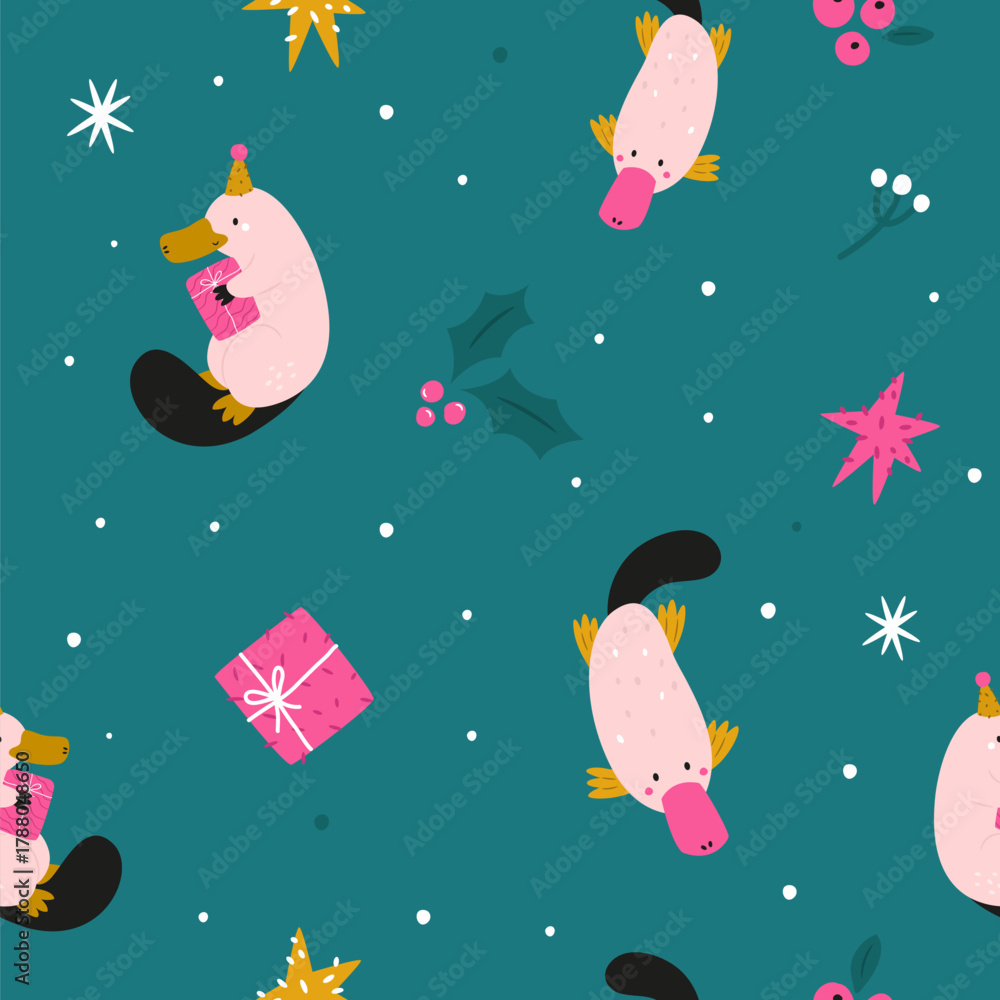 Naklejka premium Christmas Seamless Pattern with Cute Platypus, Australian Wildlife Holiday Design with Gifts and Stars.