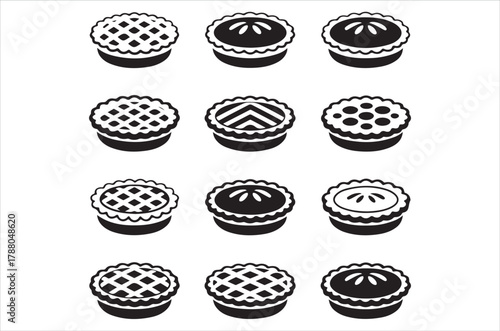 A collection of monochrome pie icons with various crust designs displayed