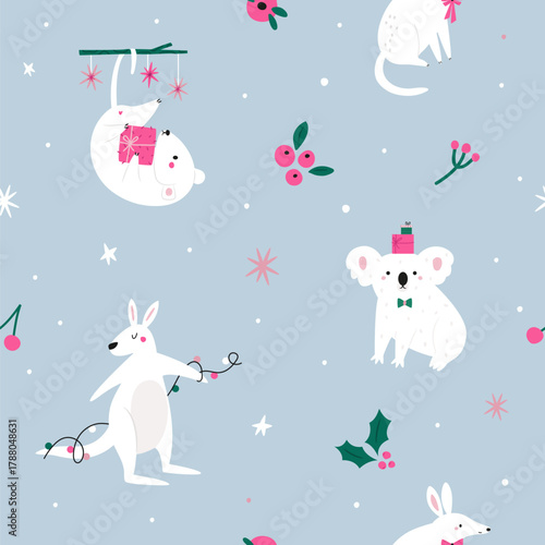  Christmas Seamless Pattern with Koala, Kangaroo, Macrotis and P