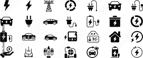 Set of 25 black and white electric energy icons featuring power, battery, plug, car, charging, and renewable energy symbols