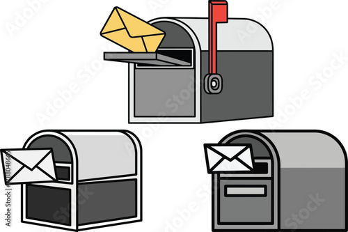 Three mailboxes showing different stages of receiving mail on a black background
