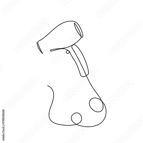 Minimalist one line drawing of hair dryer. Hairstyling and beauty vector illustration for salon, barber shop, logos, cosmetic, spa, wellness content and lifestyle design projects.