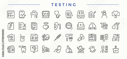 Testing modern icon set. Pack of healthcare, health, clinic, doctor and more. Clinic icon. Editable stroke. Vector collection.