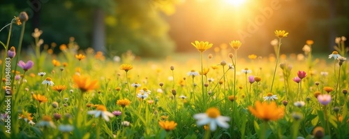 A sprawling meadow, wildflowers in bloom, bathed in golden sunlight Perfect for concepts of family, nature, peace, and serenity Ideal for springtime or summer themes , ecosystem, flowers, wildlife