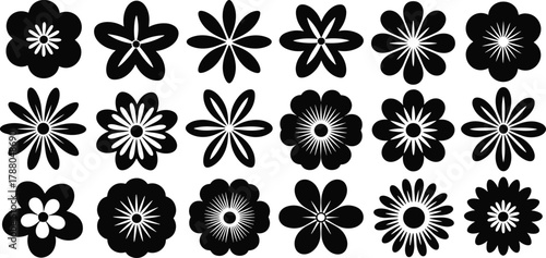 Set of 20 black and white floral icons and geometric flower silhouettes, minimalist vector design elements for patterns and logos