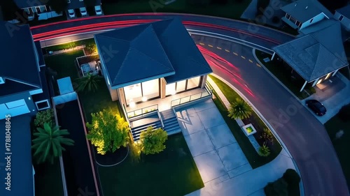 Aerial view of a modern house at night with light trails from passing cars creating a dynamic urban landscape and showcasing real estate