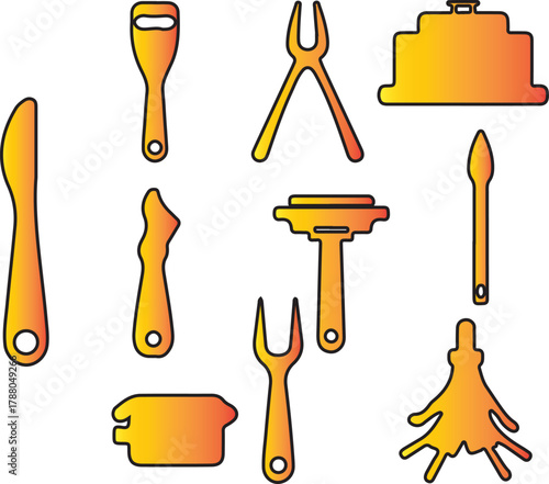 Collection of Assorted Kitchen Utensils and Serving Tools Featuring a Gradient Orange and Yellow Color Scheme