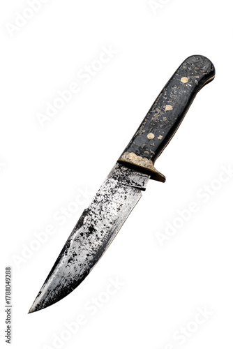 Rustic handmade bowie knife with dark textured handle on black background