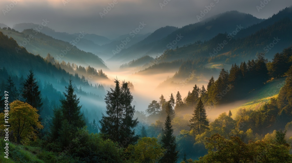 Obraz premium Serene Misty Valley with Rolling Hills and Majestic Pine Trees Under Dramatic Sky at Dawn