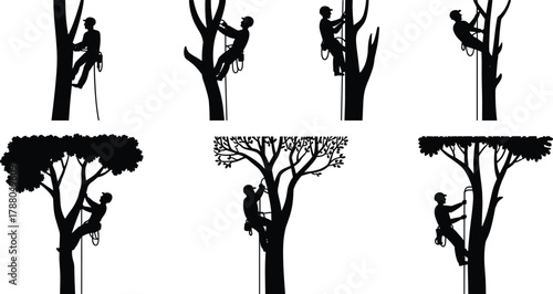 Set of arborist silhouettes climbing and pruning trees using ropes and harnesses in black and white minimalist style