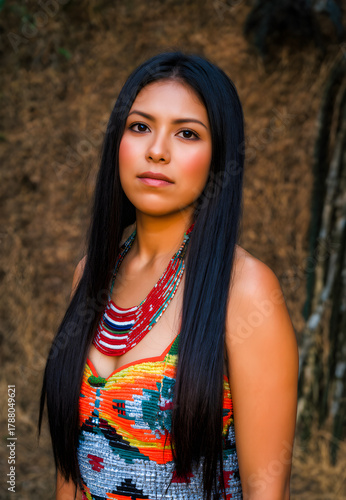 portrait of a beautiful young native american woman in traditional dress