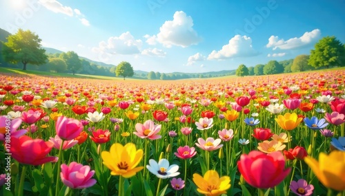 A vibrant field bursting with countless colorful flowers, a breathtaking display of nature's beauty in full bloom Perfect for spring, summer, or floral themed projects , vibrant, plant, sunny