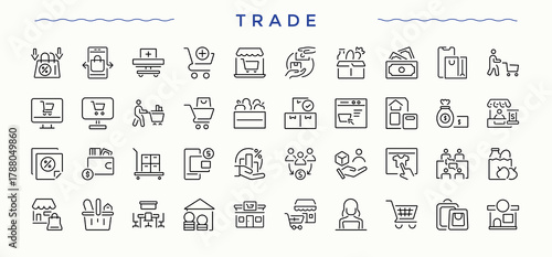 Trade icon set in linear style. Currency linear icon set. Minimalist vector collections. Pictograms of currency, economy, bitcoin, financial and more. Editable vector art and illustration.