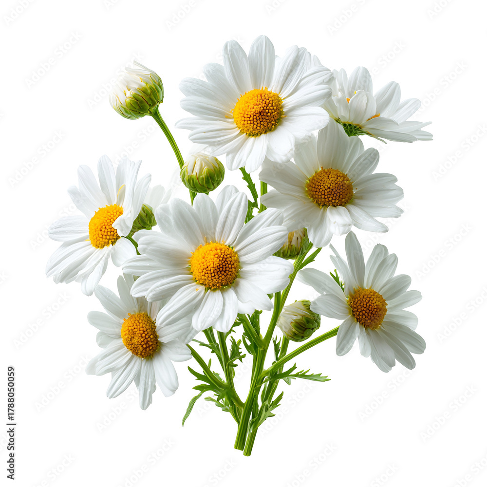 Fototapeta premium Bouquet of white daisies with yellow centers on a black background