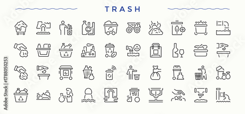 Trash line icon set. Recycle line icon set. Containing junk, rubbish, bin, dump, environment and more. Editable vector.