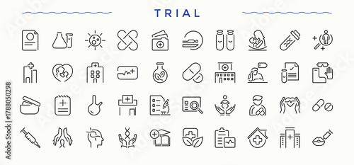 Trial icon collection. Set of line pictogram. Editable vector. Pixel perfect. Chemistry modern icon set. Includes thin line symbols lab, laboratory, scientist, chemistry, analysis and more.