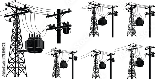 Silhouette vector illustration of electrical transformers on poles and towers—power distribution infrastructure, voltage system, energy grid, utility network layout