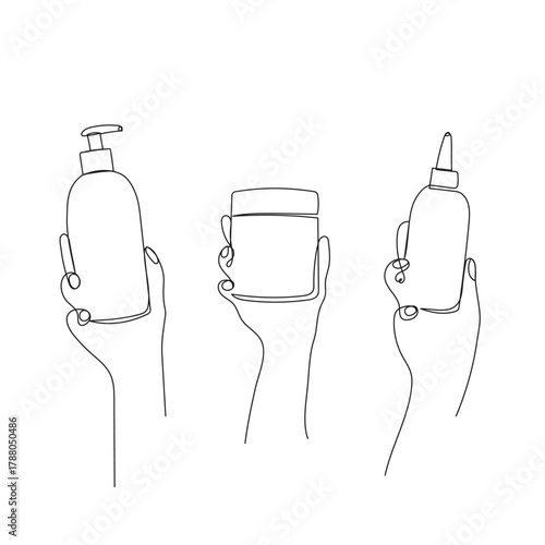 Hands holding cosmetic containers - pump bottle, cream jar, applicator bottle. Minimalist one line vector illustration for beauty, hair care, spa, salon, fashion design projects.