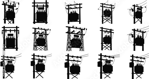 Silhouette vector illustration of electrical transformers on support structures—power distribution infrastructure, voltage system, energy grid, utility pole network, substation layout
