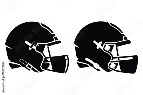 Pair of black silhouette american football helmet vector icons illustration