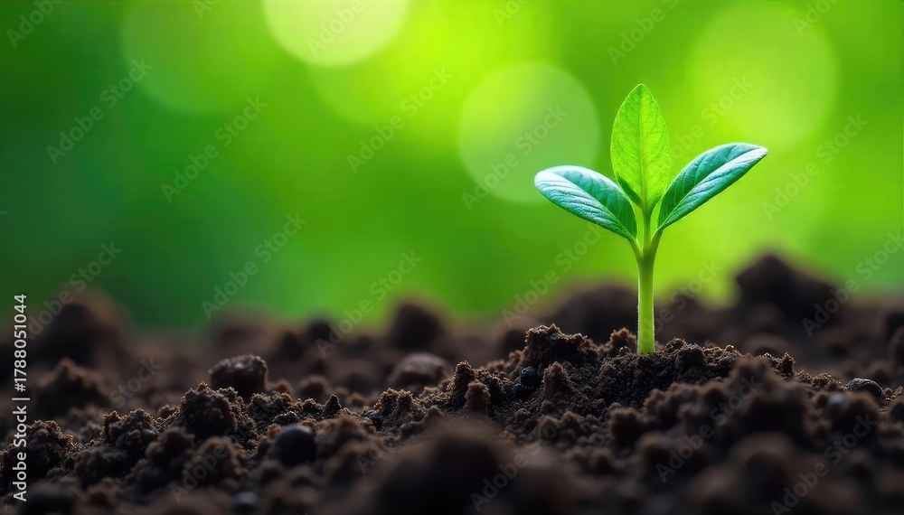 Fototapeta premium Close-up of a vibrant green plant sprouting from rich soil, symbolizing growth, healing, and renewal Perfect for concepts of health, medicine, and natural remedies , photosynthesis, soil, renewal