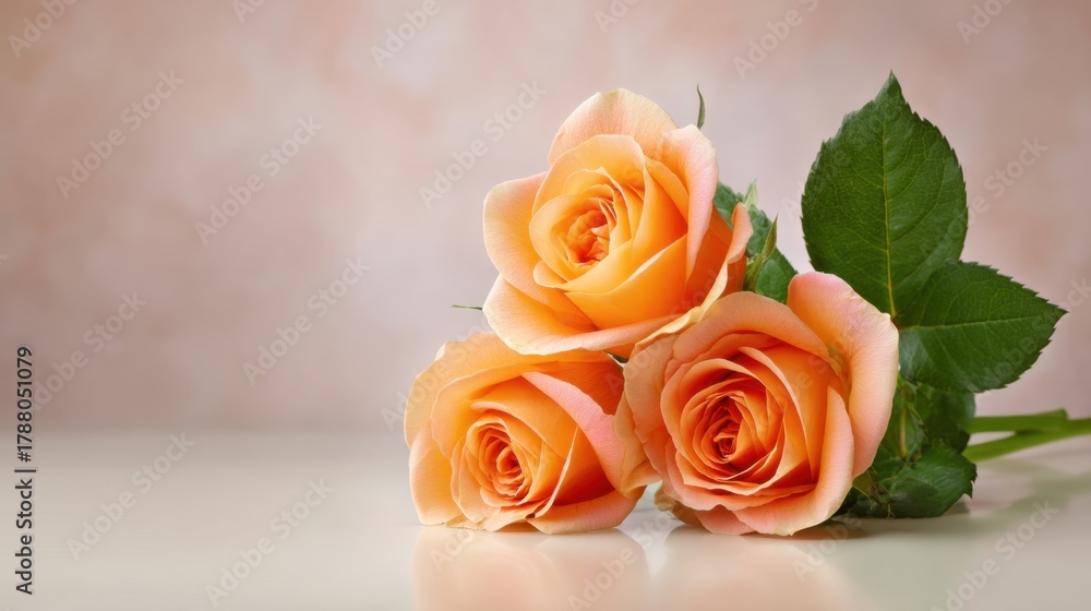 Fototapeta premium Three Delicate Peach Roses on a Light Background with Subtle Bokeh Effect Highlighting Their Soft Petals and Green Leaves