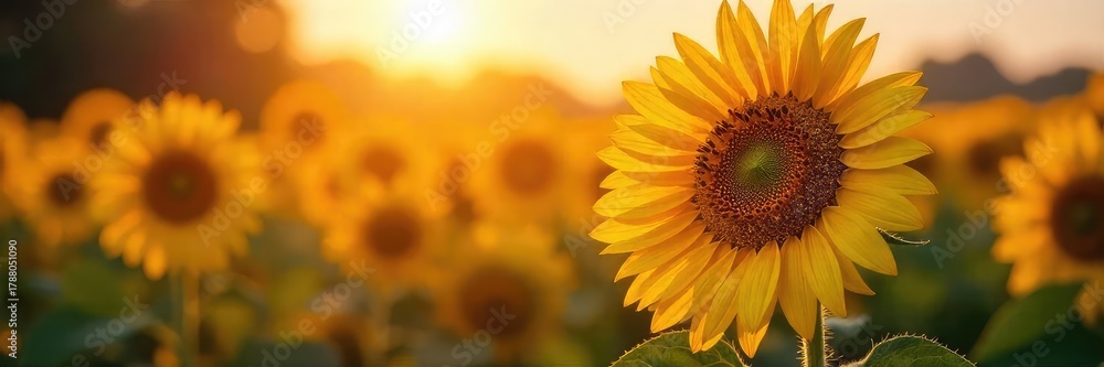 Obraz premium Close-up of a vibrant sunflower field at sunset, its petals glistening with dew, creating a sparkling effect The warm light enhances the natural beauty and texture , macro, natural beauty