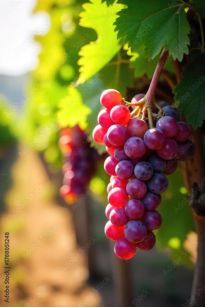 Naklejka premium Close-up of ripe red wine grapes hanging on the vine, ready for harvest Sun-drenched bunches showcase deep color and perfect condition, ideal for winemaking , autumn, agriculture