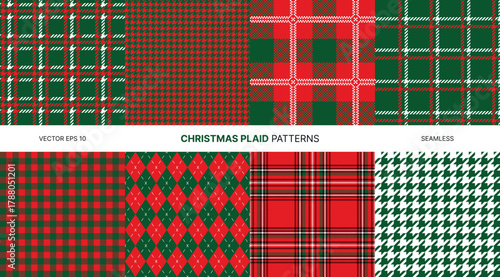 Seamless vector patterns featuring red green Christmas plaid argyle tartan houndstooth check design ideal for festive textiles wrapping paper holiday decorations winter backgrounds seasonal crafts
