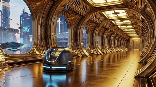 Futuristic Transport System Inside Golden Tunnel with Autonomous Vehicle.