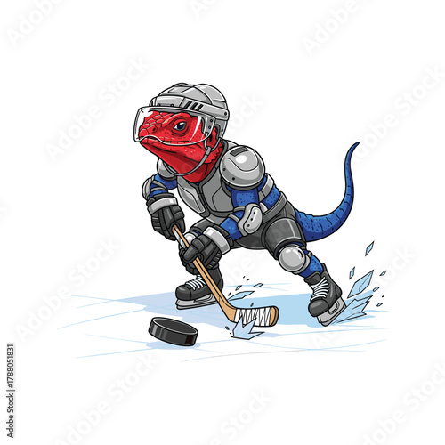 Cartoon lizard playing ice hockey in ice rink wearing sports gear and helmet for protection