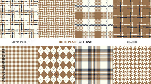 Seamless vector patterns collection featuring beige plaid tartan argyle houndstooth styles with cream brown tones for fashion fabric wrapping textile backgrounds classic retro holiday crafts