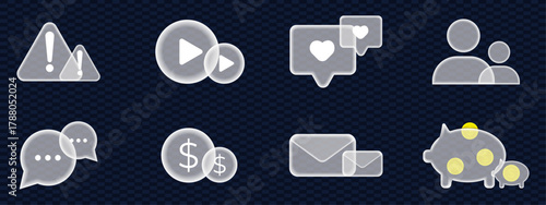 Glassmorphism transparent vector icon set. Modern vector Glassmorphism social media and web icon sign sticker collection template design. 