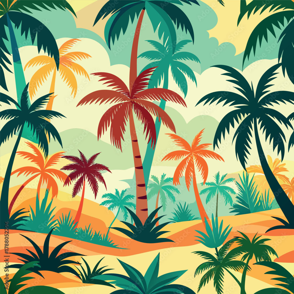 Obraz premium Tropical palm tree pattern with sunset colors and beach background.