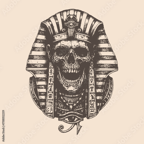 Pharaoh skull vector illustration in vintage tattoo style, detailed hand-drawn Egyptian skeleton design for prints, posters, and t-shirt graphics.