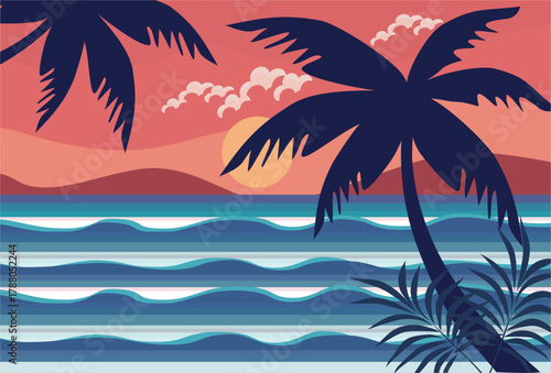 Beach background in the afternoon, with sky, coconut trees and gentle waves. Beautiful beach illustration with flat style design.