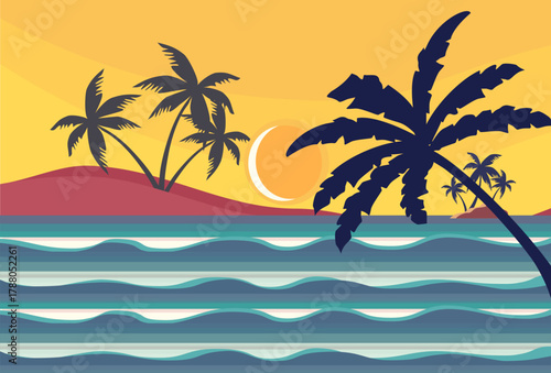 Beach background in the afternoon, with sky, coconut trees and gentle waves. Beautiful beach illustration with flat style design.