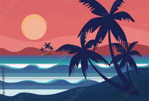 Beach background in the afternoon, with sky, coconut trees and gentle waves. Beautiful beach illustration with flat style design.