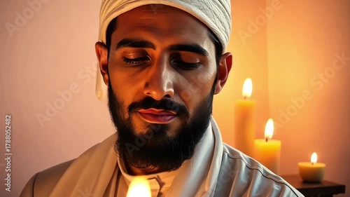 Serene muslim man in contemplation with candles creating a warm and peaceful atmosphere for prayer or meditation and spiritual reflection