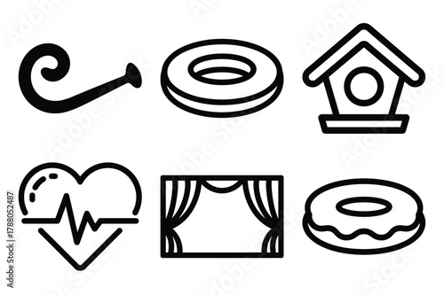 Outline icon set: musical scroll, life buoy, birdhouse, heartbeat, curtains, donut