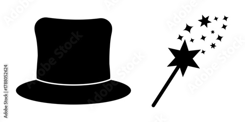  magic hat and wand black silhouette icon set magician hat rabbit stars sparkle magic tool vector illustration.