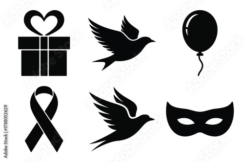 Set of diverse icons: gift, doves, balloon, ribbon, and masquerade mask.