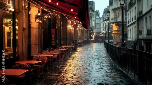 Romantic Paris Street Scene with Cafe Tables on a Rainy Day atmosphere